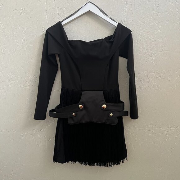 Asilio Black Fringe Military Belted Mini Cocktail Dress - Picture 7 of 9